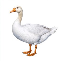 A white domestic goose stands gracefully, showcasing its soft feathers and distinct orange beak, embodying charm in farmyard settings.