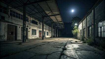 A dark and mysterious abandoned warehouse at night, warehouse, night