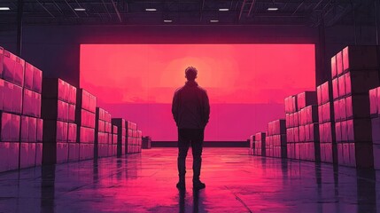 A Solitary Figure Contemplates a Vibrant Sunset in a Spacious Warehouse Surrounded by Stacks of Boxes and Dramatic Pink and Purple Lighting