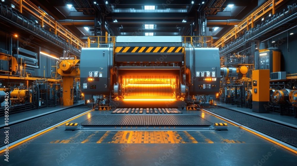 Poster advanced industrial factory interior showcasing high-tech machinery with glowing elements and a vibr