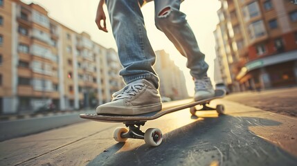 Obraz premium A person skating on a skateboard in an urban setting during sunset.