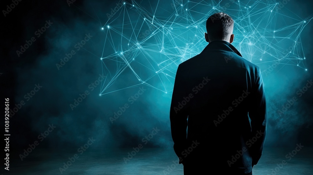 Poster mysterious figure in dark environment contemplating futuristic digital connections represented by gl
