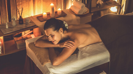 Caucasian woman customer enjoying relaxing anti-stress spa massage and pampering with beauty skin...