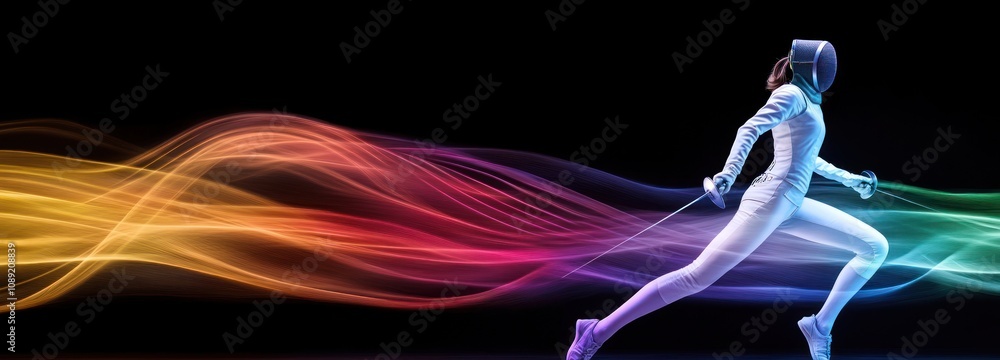 Poster A fencer in motion, showcasing dynamic movement with colorful light trails.