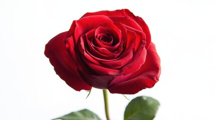Single red rose against white background symbolizing love and elegance, perfect for romantic designs.