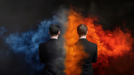 Obraz premium Two Businessmen Standing Back to Back, Surrounded by Colorful Smoke, Representing Diverse Perspectives and Conflicting Ideas in a Professional Setting