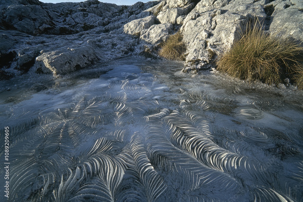 Poster frost blankets the rocky terrain, creating delicate patterns in the ice