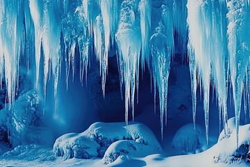Glaciers glisten in the winter twilight, with long icicles cascading from the rocky overhang. Soft snow blankets the ground, creating a tranquil winter wonderland full of icy beauty