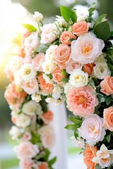 Obraz premium Outdoor wedding ceremony under a floral arch with sunlight streaming through close up, garden theme, vibrant, Fusion, lush garden backdrop