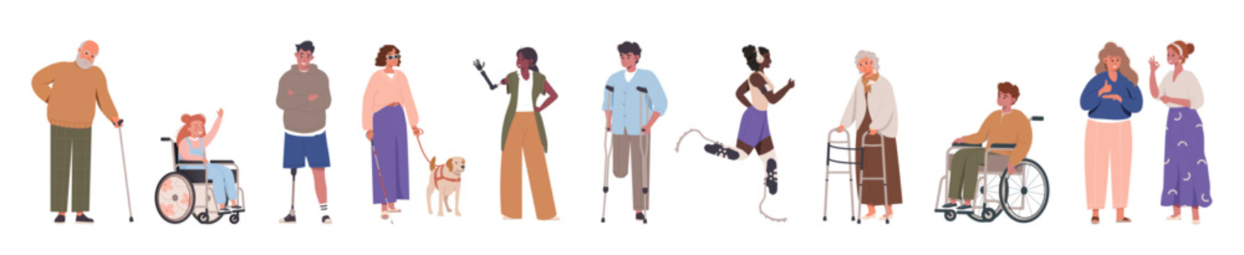 Set of disabled diversity people together. Collection inclusive people vector cartoon illustration in a flat style. World disability day. Man in a wheelchair, blind, people with prosthesis, canes.