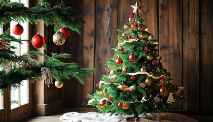 Beautifully decorated christmas tree with sparkling lights, ornaments, and festive garland, merry seasonal celebration