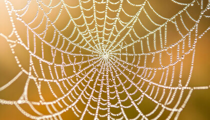 Obraz premium Stunning close-up of a spiderweb glistening with morning dew, intricate details and natural beauty.