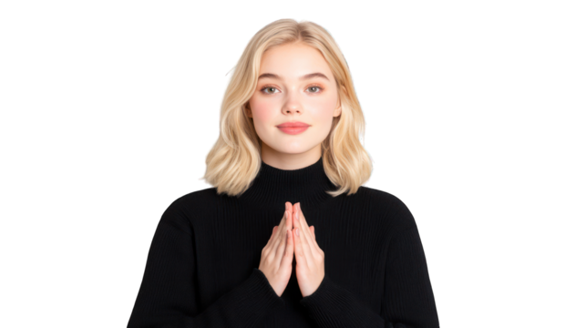 A young woman in a black sweater with hands in a prayer gesture. Transparent background.