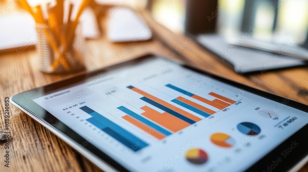 Poster a tablet displaying colorful bar and pie charts on a wooden desk for data analysis.