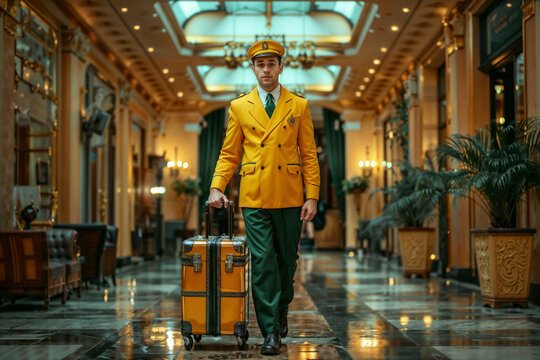 A bellboy in a striking yellow uniform walks confidently through an elegant hotel lobby, wheeling a matching suitcase, surrounded by opulent decor