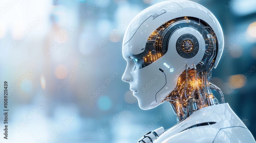Poster detailed close up portrait of a futuristic cyborg or head showcasing advanced intelligence intellige