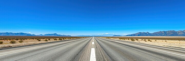 Naklejka premium A long straight section of asphalt road with nothing but endless sky and mountains visible beyond the horizon, wide open spaces, blue sky, vastness