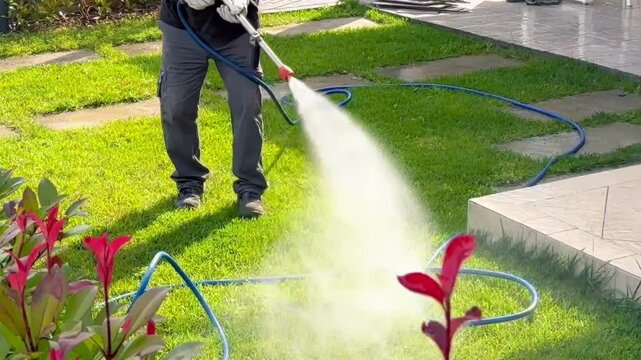 Worker sprays insecticide for mosquitos with motorized sprayer and wearing a respirator