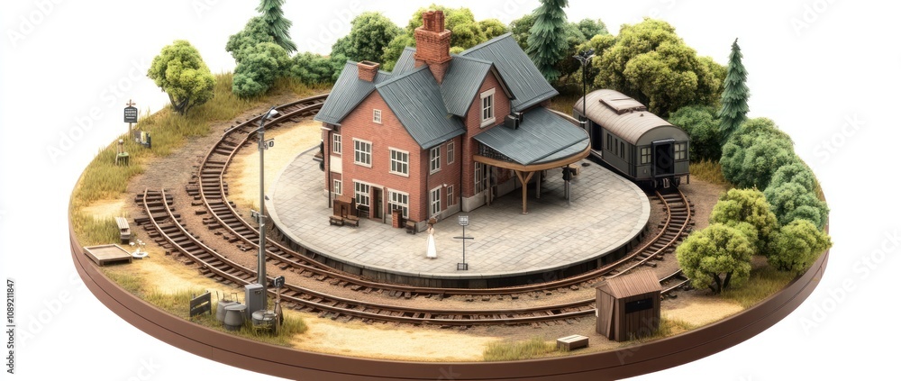 Poster a detailed model of a train station with surrounding landscape and tracks.