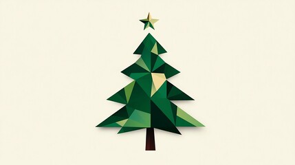 Obraz premium Christmas background design tradition minimalist. A geometric illustration of a Christmas tree in shades of green, topped with a golden star, set against a light background.