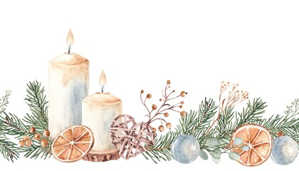 Christmas Advent Horizontal Watercolor seamless border pattern. Candles with Fir Branches and...