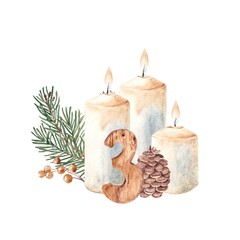 Third Advent, Christmas Candles Composition with Fir Branches, Winter Berries, Pine Cone and wooden...