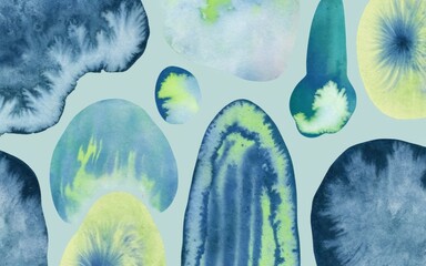 Abstract blue watercolor art. Serene blue and green watercolor shapes; evokes calm, peace, and natural beauty.