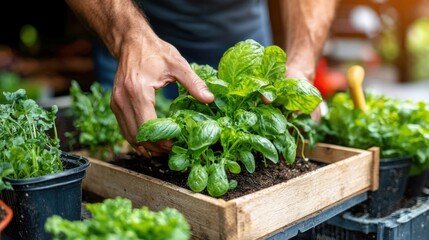 Hands of a gardener tenderly tending to a raised garden bed filled with lush green vegetables and herbs  Organic sustainable food production and self sufficient gardening concept