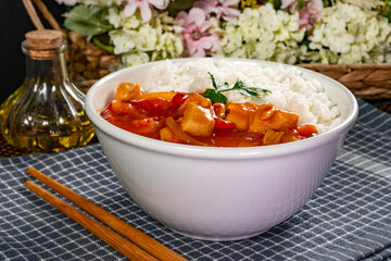 Delicious chicken in sweet and sour sauce.