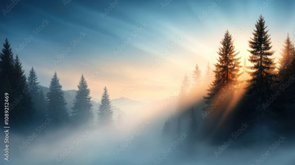 Poster misty evergreen forest landscape with tall pine and fir trees enveloped in soft ethereal fog and bat