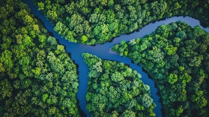 Forest landscape aerial shot with curving river, rich green canopy and calm waters showcase serene natural beauty, conservation focus.