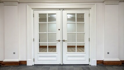 Fototapeta premium A minimalist white double door with a simple glass design, architectural feature, clean lines, urban feel, minimalist decor