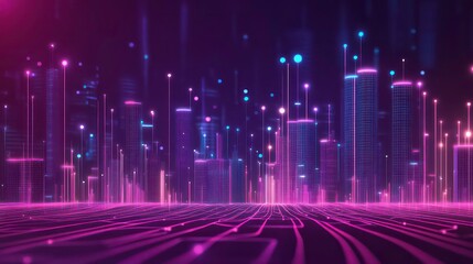 A futuristic city skyline with neon lights and a digital grid floor.
