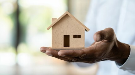 leasing asset valuation concept, A hand holds a small wooden house model, symbolizing homeownership, real estate, and the concept of building and nurturing a home.