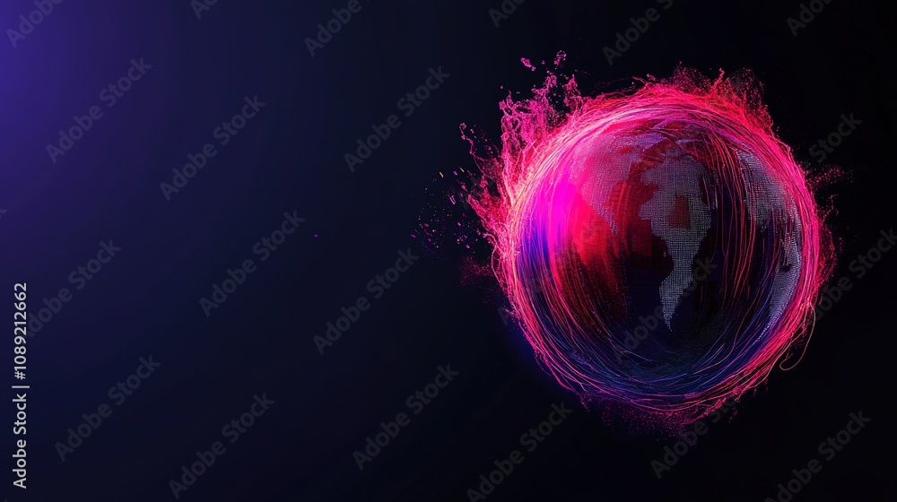 Poster abstract representation of a glowing planet earth with vibrant colors and particles, showcasing tech