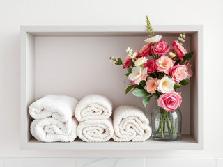 A modern bathroom shelf filled with decorative towels and a stunning floral arrangement, modern bathroom, luxurious bathroom
