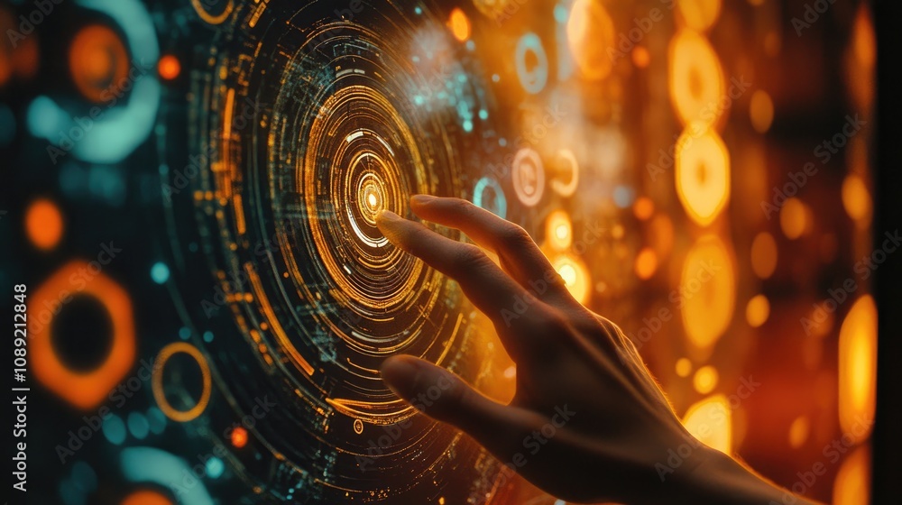 Poster a close-up of a hand reaching out to touch a glowing touchscreen, with abstract technology patterns 
