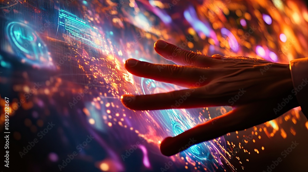 Poster a close-up of a hand reaching out to touch a glowing touchscreen, with abstract technology patterns 