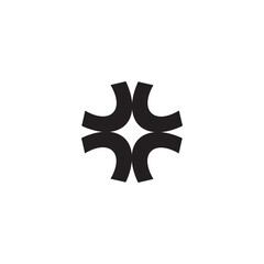 An abstract logo design featuring four curved shapes arranged in a circular pattern.