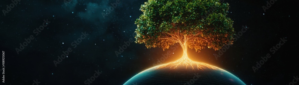 Poster a glowing tree emerges from a planet, symbolizing growth and connection between nature and the unive