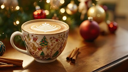 A close-up of a latte art in a Christmas-themed mug with cinnamon sticks and festive ornaments in the background.
