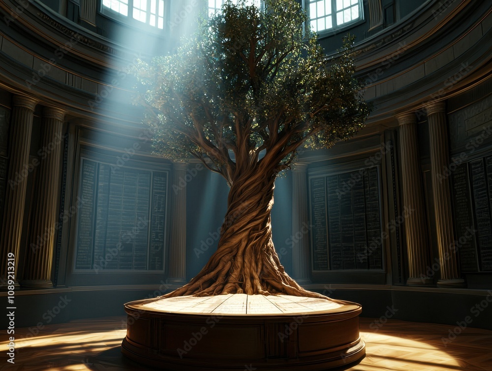 Poster a mystical, illuminated tree stands in a grand, circular space, surrounded by ornate architecture an