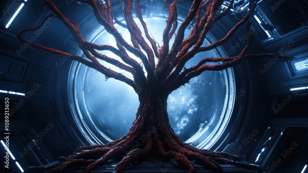 Poster a surreal, futuristic tree with twisting branches illuminated against a glowing portal, creating an 