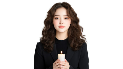 A woman holding a candle, exuding serenity and contemplation. Transparent background.