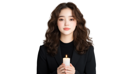A woman holding a candle, exuding serenity and contemplation. Transparent background.