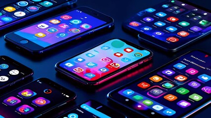Hand interacting with multiple smartphones displaying vibrant app icons under colorful lighting.