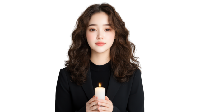 A woman holding a candle, exuding serenity and contemplation. Transparent background.