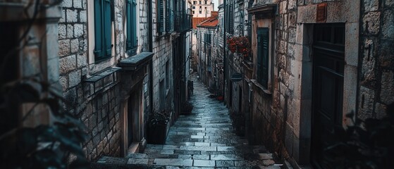 Mysterious cobblestone street under a full moon with fog and vintage lampposts at night