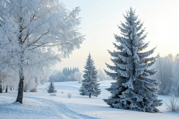 Fototapeta premium A serene winter scene with snow-covered trees and a white Christmas background featuring spruce branches with frosty morning dew, spruce branches, holiday decor
