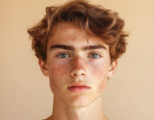 Portrait of a young man with acne on his face on a beige background.